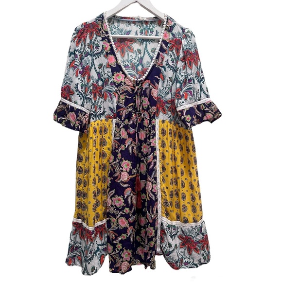 Anthropologie Lilka Patchwork Paisley Boho Trapeze Babydoll Mini Dress - Picture 6 of 10